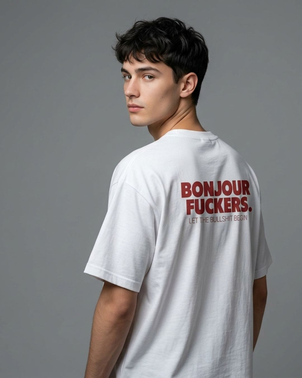 “Bonjour Fuckers” Bold Red Text Oversized Boxy T‑Shirt