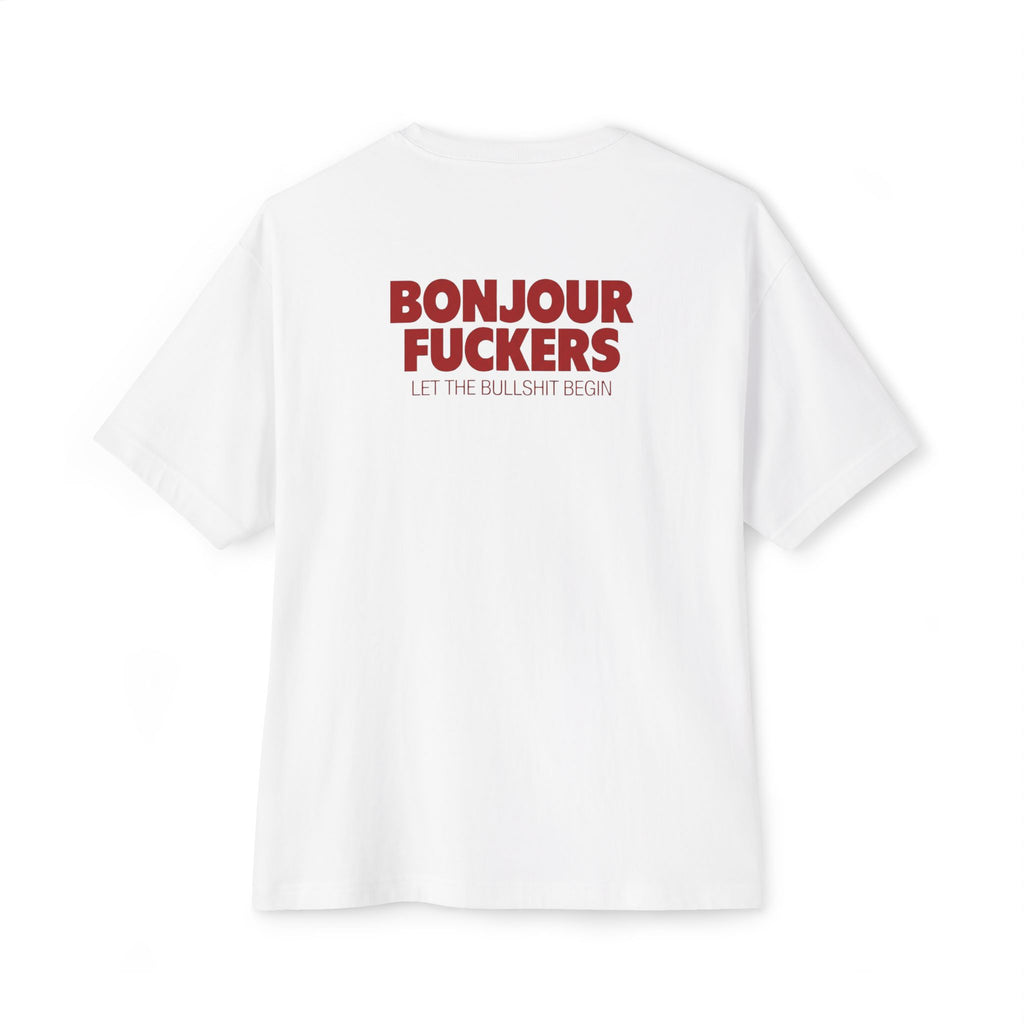 “Bonjour Fuckers” Bold Red Text Oversized Boxy T‑Shirt